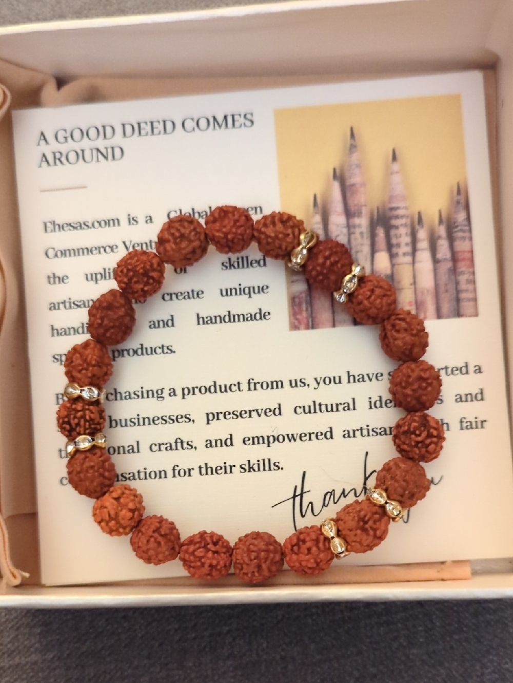 Handmade Brown Rudraksha Beaded Bracelet with Rhinestone Accents